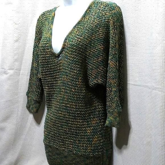 Shining Bright SWEATER Teal Tan Gold Silver Metallic Threads S/M Handmade - Picture 7 of 7